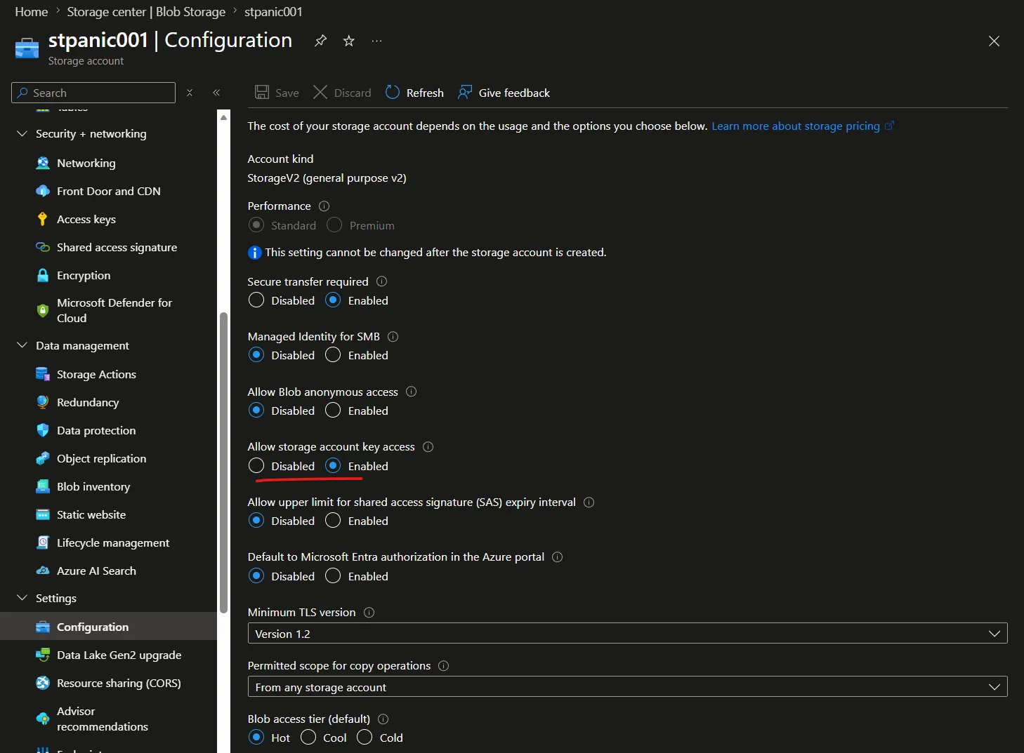 Allow storage account key access